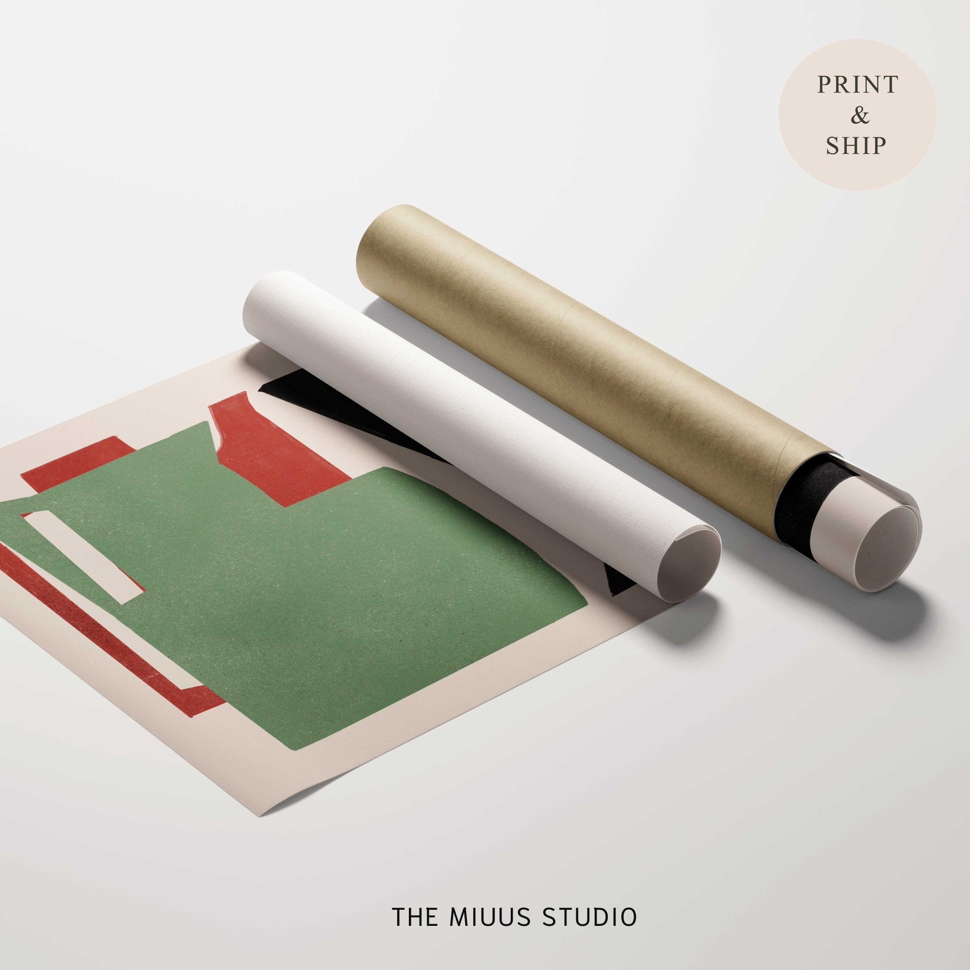 A styled product shot showing a rolled sheet of paper and a rolled gold tube on a light gray background, with a partial abstract print underneath. A beige circle in the top right reads 'PRINT & SHIP' and 'THE MIUUS STUDIO' appears at the bottom.