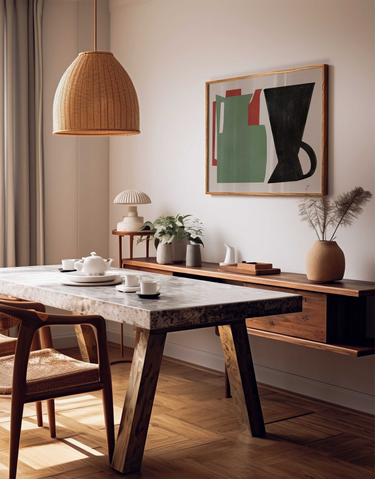 A styled dining room corner featuring a rustic wooden table with a stone-look top, a woven pendant light, a wooden chair, and a long wooden credenza against a warm beige wall with abstract wall art.