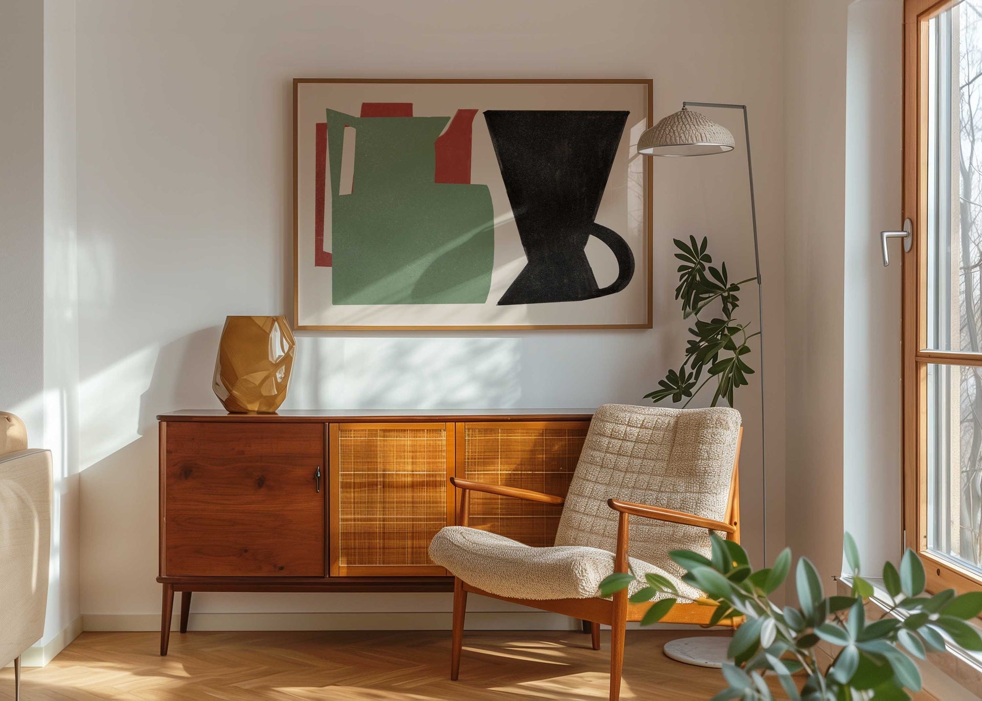 A mid-century modern living room scene featuring a framed abstract geometric wall art print above a wooden credenza, next to a beige armchair and a tall floor lamp.