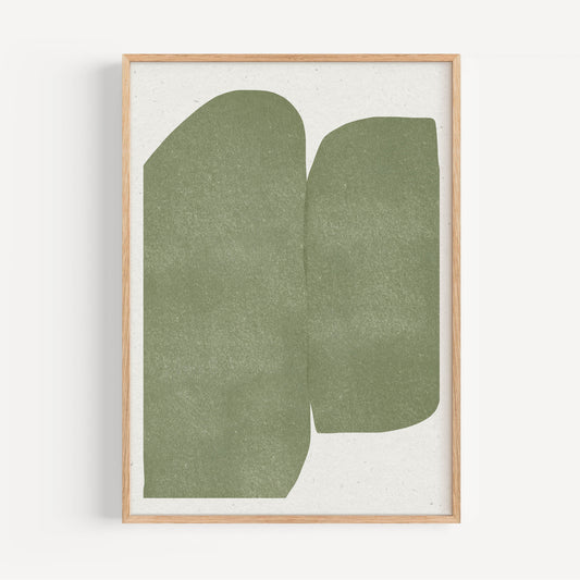 Abstract minimalist art print with an organic green form on warm white archival paper — Silence, No. 1 by The Miuus Studio, Warsaw